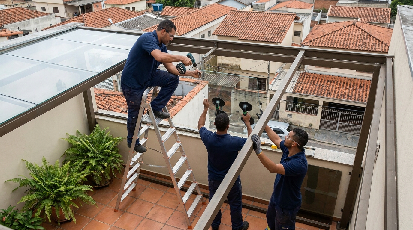 Cobertura de vidro em terraço com telhados em Salvador-BA