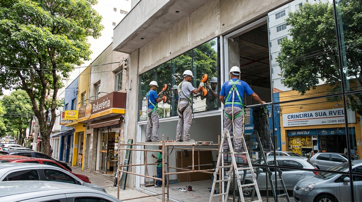 Fachada de vidro com confeitaria vizinha em Salvador-BA