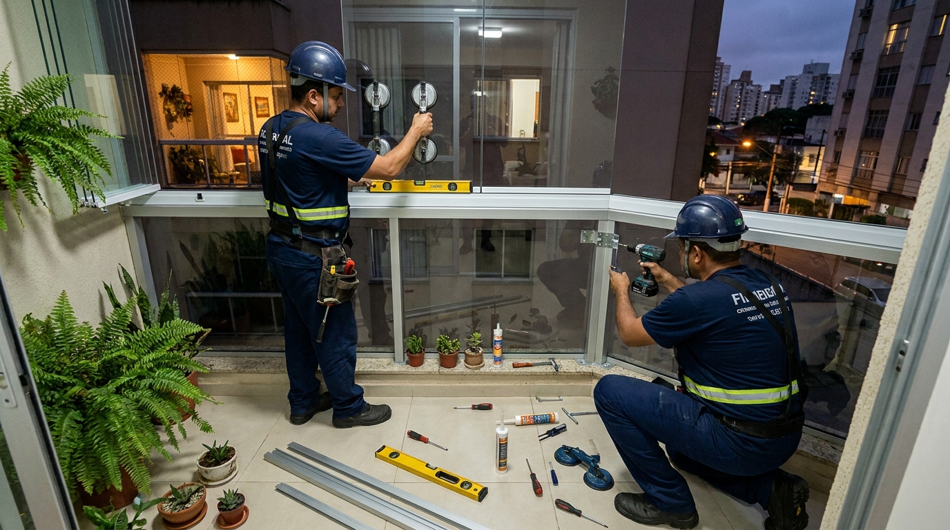 Instalação noturna de parede de vidro em Salvador-BA