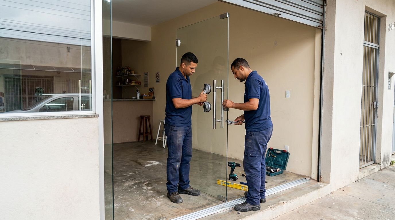 Dupla instalando porta de vidro em loja em Salvador-BA