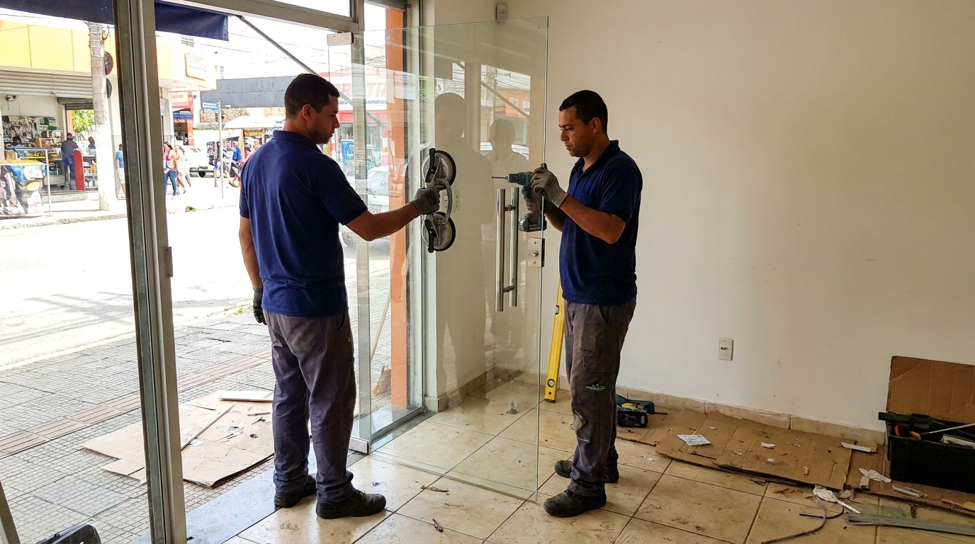 Porta de vidro de loja em rua movimentada em Salvador-BA